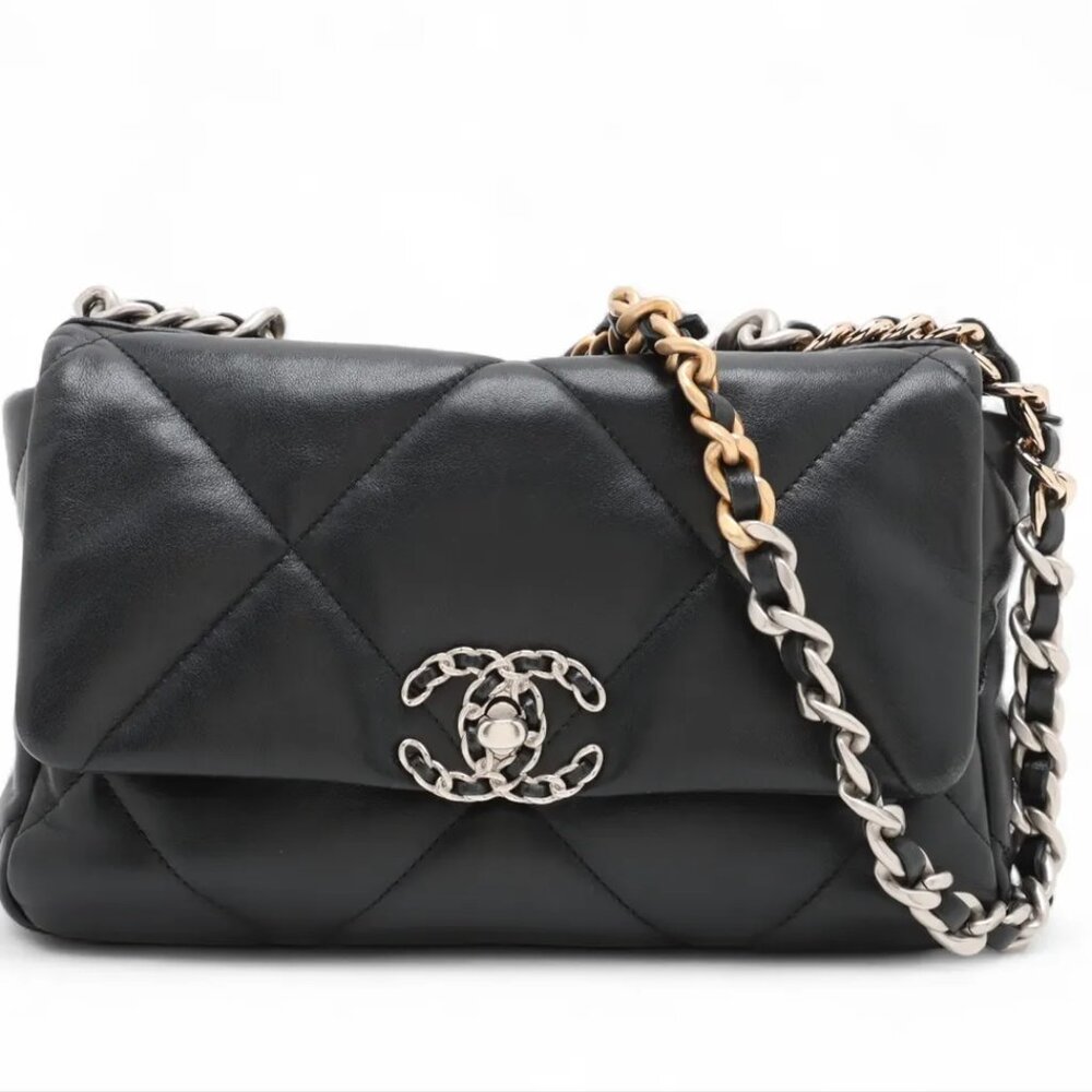 CHANEL 19 Lambskin Chain Shoulder Bag Gold x Silver